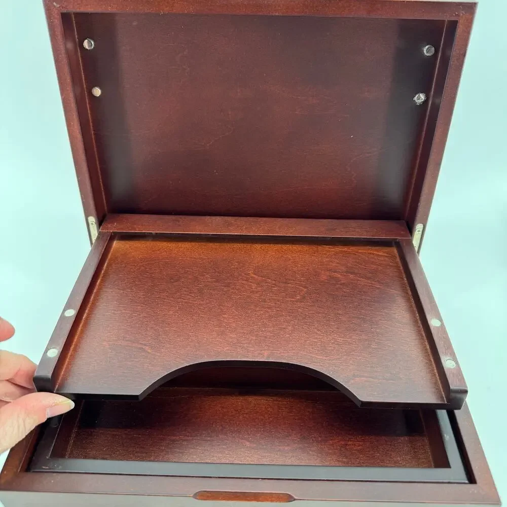 Wooden Jewelry Keepsake Box Lift-Out Tray Silver Plaque Mother Gift